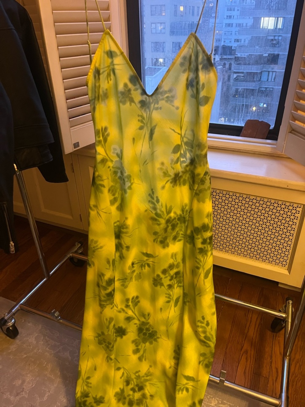 Yellow/Green Floral Slip Dress with V-Neck